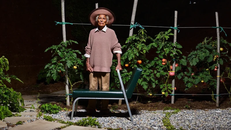 Inginocchiatoio imbottito trasformato in seduta, sul vialetto accanto ai pomodori sostenuti da canne.