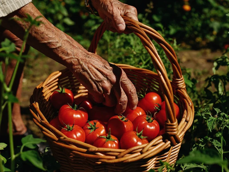 Primo piano di mani esperte che raccolgono pomodori maturi in un cesto di vimini.